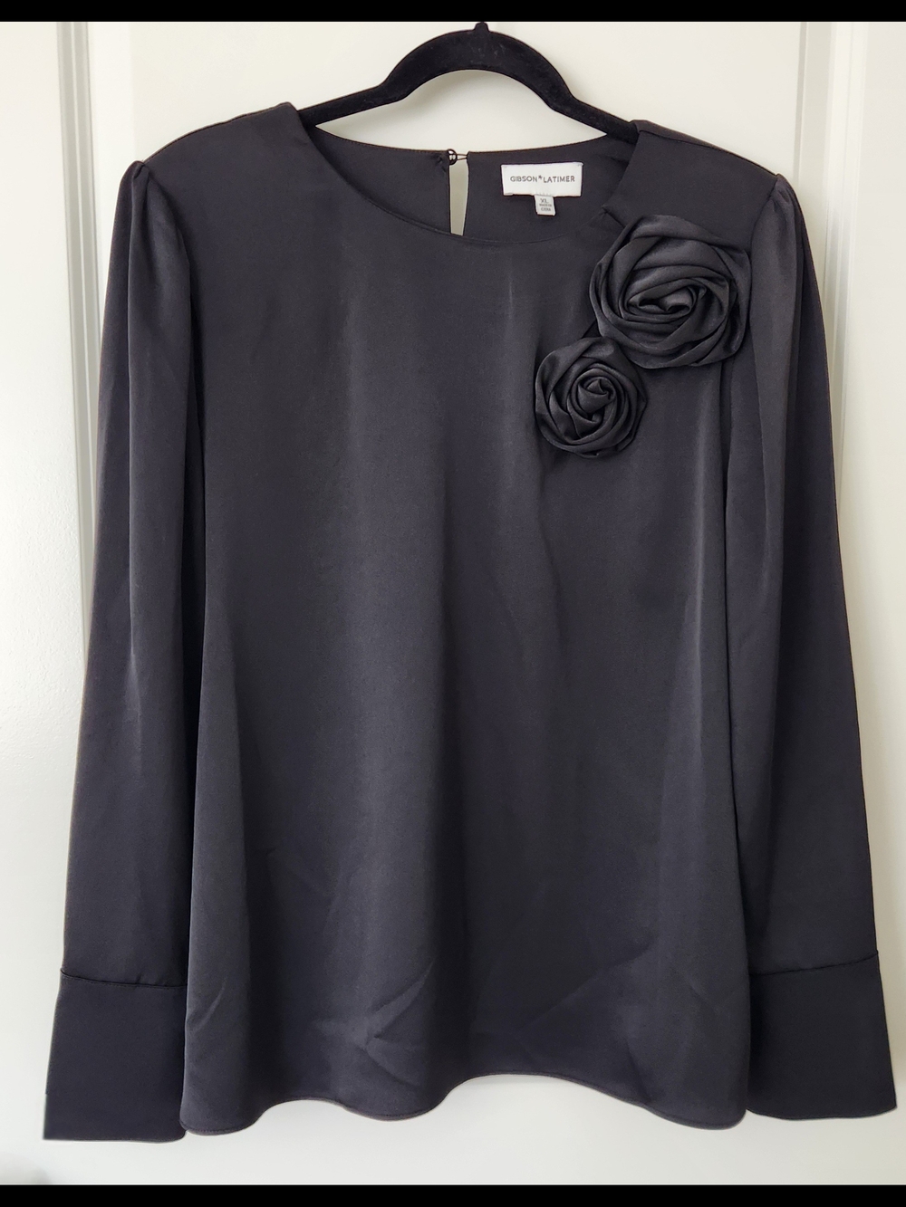 Gibson Latimer Black Long-Sleeve Blouse with Rosette Accents